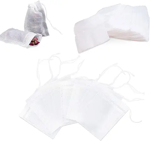 100 Pcs Bolsita de te de Filtro Bolsas té Desechables con Cordón, Bolsas de té Vacias para tés y Café, sin Blanquear, 6 cm x 8 cm (Blanco)  