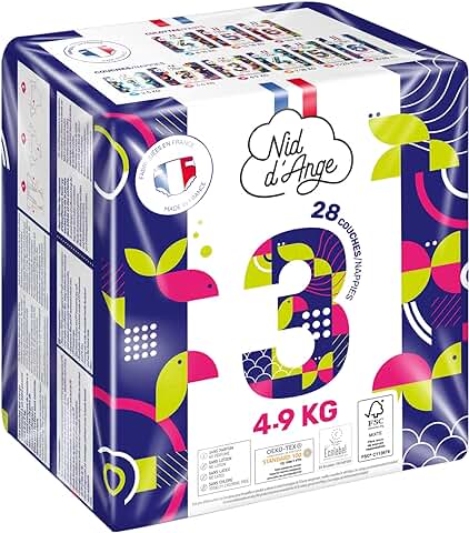 28 Pañales Talla 3 | Pañal para Bebé | Antifugas |Sin Cloro, sin Loción, sin Látex|Sin Fragancia, Fabricado en Francia, Ultra Absorbente, piel Sensible| (bolsa Talla 3 (28 Capas))  