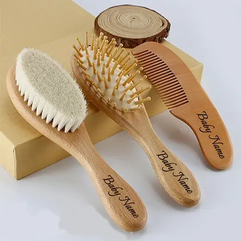 3pieza Cepillo Pelo Bebe Personalizado,Set Peine Bebe Recien Nacido,Cepillos Y Peines,Madera Peine Bebe,Cerdas De Cabra Súper Suaves,Natalicio Bebe Personalizado,Para Recién Nacidos Y Niños Pequeños  