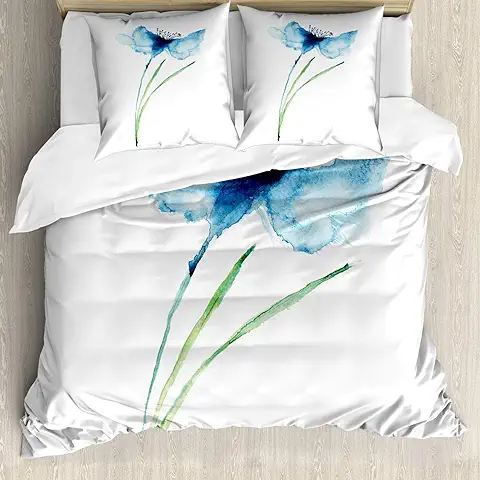 ABAKUHAUS Floral Ensemble de Housse de Couette, Aciano Botánica, Estampado Lavable, 3 Piezas con 2 Fundas de Almohada, 155 cm x 200 cm - 80 x 80 cm, Azul Marino Blanco Verde  