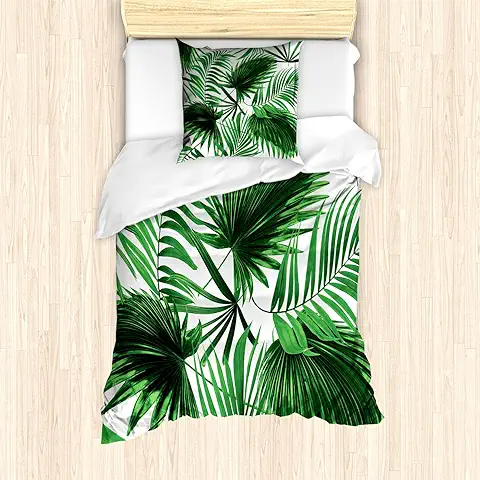 ABAKUHAUS Hoja de Palma Ensemble de Housse de Couette, Intenso Hojas de Crecimiento, Decorativo Piezas con Funda de Almohada, 135 cm x 200 cm - 80 x 80 cm, Helecho Verde Blanco  
