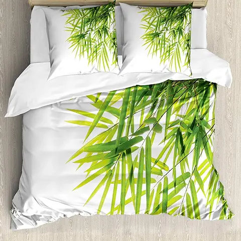 ABAKUHAUS Verde Ensemble de Housse de Couette, Paz de la Hoja de Bambú, Estampado Lavable, 3 Piezas con 2 Fundas de Almohada, 155 cm x 200 cm - 80 x 80 cm, Verde Blanco  