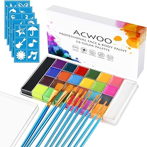 ACWOO Pinturas Cara para Niños, 26 Colores Seguridad No Tóxica Pintacaras Infantil, Pintura Corporal y Facial para Barriga Embarazada, Kit Maquillaje Halloween Festival Fiesta Cosplay Adultos y Niños  