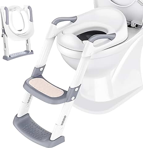 Adaptador WC Niños con Escalera: Bebe Plegable Portatil Infantil Asiento Inodoro con Escalón Ancho Antideslizante-Bebés Orinales Asientopara 1-10 Niños con Escalera Reductor & Cojín Suave | Blanco  