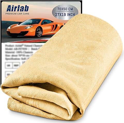 Airlab Gamuza Coche Secado 70x50 cm, Gamuza Piel Natural Coche, Toalla Secado Coche, Bayetas para Vehículos Sin Pelusas & Sin Rayones, Trapos Limpieza para Cristales Moto Ventanas Espejos Cocina  