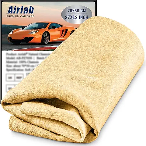 Airlab Gamuza Coche Secado 70x50 cm, Gamuza Piel Natural Coche, Toalla Secado Coche, Bayetas para Vehículos Sin Pelusas & Sin Rayones, Trapos Limpieza para Cristales Moto Ventanas Espejos Cocina  