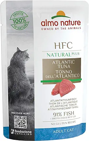 Almo Nature Comida Húmeda para Gatos Natural Plus de Atún del Atlántico (24 Sobres x 55g). Alimento para Gatitos Gourmet Monoproteíco HFC Cuisine. Snack Complementario sin Gluten.  
