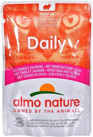 Almo Nature Daily Adult Cat Complete - Alimento Húmedo sin Gluten con Atún y Salmón (Paquete de 30 Bolsas de 70 g)  