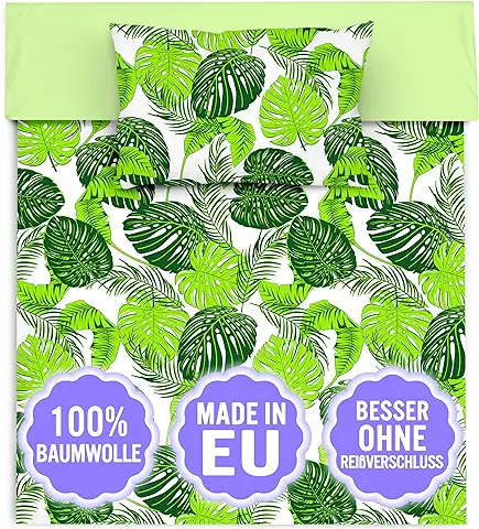 Amilian Ropa de cama Infantil de 2 Piezas, 100% Algodón, ropa de cama para Bebé, Funda Nórdica de 100 x 135 cm, Funda de Almohada de 40 x 60 cm, con Cierre de Hotel, Hojas Verdes  