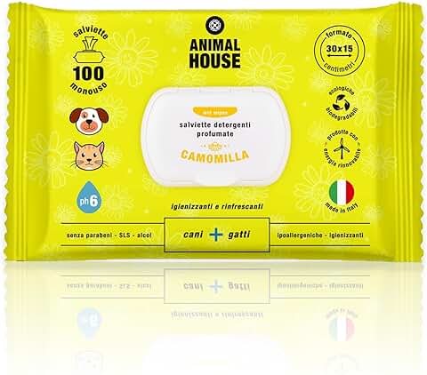 Animal House - Toallitas de Manzanilla, 100 Unidades de Toallitas Naturales Hidratantes y Calmantes, Biodegradables e Hipoalergénicas, para la Limpieza Diaria de Perros y Gatos  