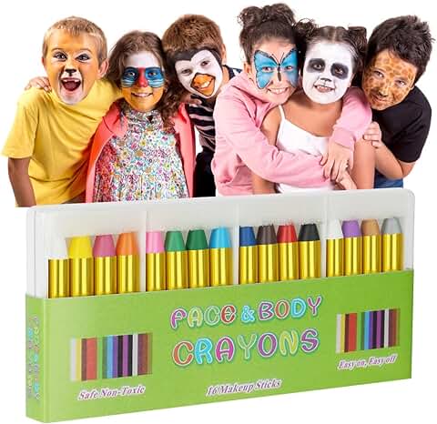Aomig Pintacaras Infantil, 16 Colores Crayones de Pintura Cara para Niños y Adulto, Pintura Facial y Corporal Seguro y no Tóxico, Pintura Halloween Cara Corporal de Maquillaje Carnaval Cosplay Fiesta  