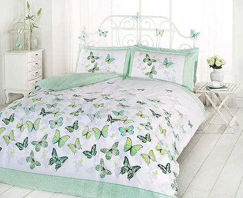Art - Juego de Funda Nórdica y Almohadones en Rosa y Blanco con Diseño de Mariposas para Cama Individual, Algodón y Poliéster., Verde, Suelto  