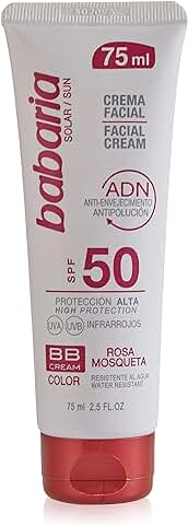 Babaria - Crema Solar Facial BB Cream SPF50 UVA-UVB e Infrarrojos, Contiene Rosa Mosqueta y Aloe Vera, Antienvejecimiento y Antipolución, Resistente al Agua, Vegano, Unisex - 75 ml  