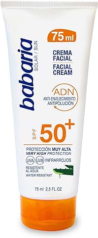 Babaria - Crema Solar Facial SPF50+ UVA-UVB e Infrarrojos, Contiene Aloe Vera, Anti-Envejecimiento y Antipolución, para Uso Facial y Escote, Resistente al Agua, Vegano, Unisex - 75 ml  