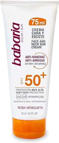 Babaria - Crema Solar Facial SPF50+ UVA-UVB e Infrarrojos, Contiene Rosa Mosqueta, Antiarrugas y Antimanchas, para Uso Facial y Escote, Resistente al Agua, Vegano, Unisex - 75 ml  