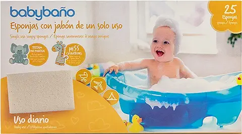 Babybaño Esponja Jabonosa Desechable para Bebés y Niños de 0 a 3 Años. Esponja de Baño de Un Solo Uso con Gel Pediátrico y Dermatológico. Envase Individual. 25 Unidades  