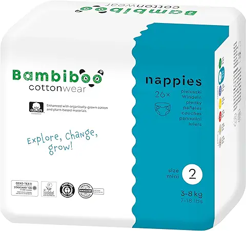 Bambiboo Pañales para Bebé de Cottonwear, Tamaño 2 mini (3-8 kg), Pañales Desechables para Bebés con Algodón Orgánico y Sustancias Vegetales con Cuello Umbilical, 26 Unidades  