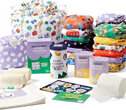 Bambino Mio, Juego de Pañales Reutilizables, Paquete de 20 Pañales, Forros, Refuerzos, Bolsas Húmedas y Limpiador (valiente y Atrevido)  