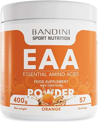 Bandini® EAA Aminoácidos Esenciales en Polvo 400gr | 9 Aminoacidos Esenciales | Intra Pre Post Workout | Recuperación Muscular Rápida | Reduce Estrés y Fatiga | Vegano y sin Azúcar (Naranja)  