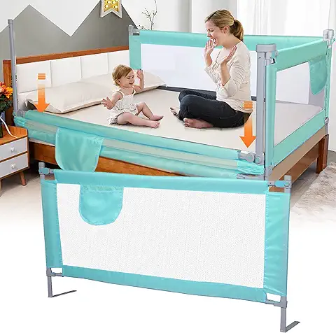 Barrera Seguridad Niños Cama Barandillas para Camas Anticaídas Niños Alto 100cm Largo 150/180/200/220cm Adecuado para Colchones de 0~30cm Elevación Vertical de 34 Marchas (Longitud 150cm, Blue)  