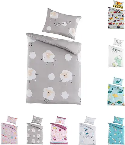 BaSaTex Juego de ropa de cama para Niños y Niñas | 100 x 135 cm + 40 x 60 cm | 100% Microfibra de Poliéster | Cremallera | Dulces Sueños – Ovejas y Nubes | Gris/blanco  