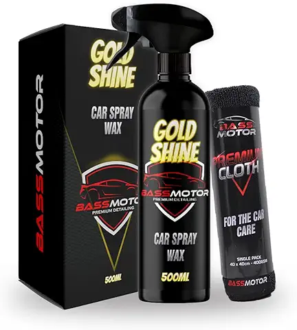BassMotor Cera Líquida Rápida para Coche Moto Abrillantador Carrocería Brillo con Microfibra Incluida Efecto Espejo Brillante con Spray Líquido Exterior Encerado - Gold Shine 500ml + Bayeta  