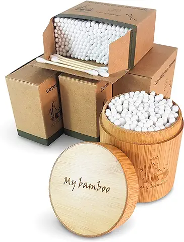 Bastoncillos de Bambú Orgánico | 900 Unidades con caja de Almacenamiento de Bambú | Ecológico y 100% Biodegradable | cero Plástico en Embalaje  