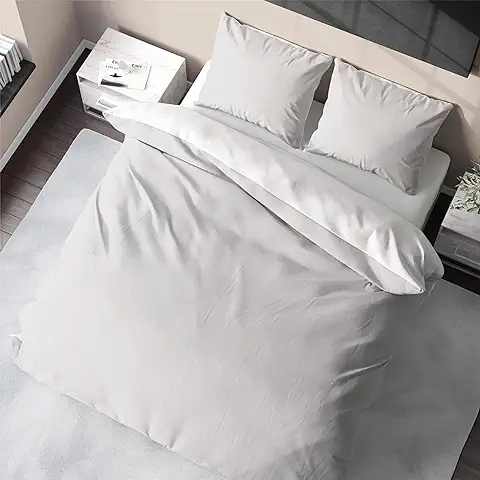 Bedtime Juego de Ropa de Cama de Bambú con 2 Fundas de Almohada, Bicolor, Suave, Reversible, 200 x 200 y 80 x 80 cm, Gris/Blanco  
