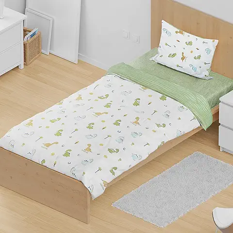 BESCH Juego de Funda Nordica 100% Algodón Infantil Extra Suave Alta Densidad 3 Piezas - Juego de Funda Edredónes 150x220cm y con 1 Funda de Almohada 50x75cm (Dino)  