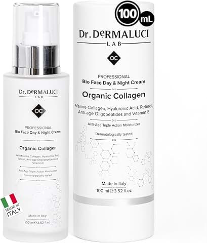 Bio Crema Facial Hidratante Colágeno Marino, Retinol, Ácido Hialurónico, Vitamina C+E, Oligopeptidos, Aloe Vera, Aceite Jojoba |Ecológico/Antiedad | Belleza Natural |Made in Italy
