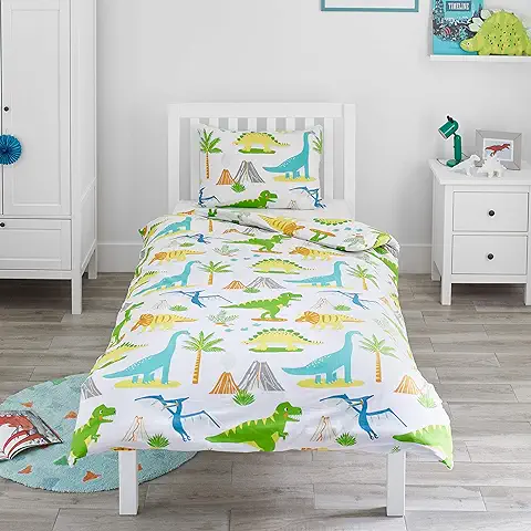 Bloomsbury Mill - Juego de Funda Nórdica Reversible para Niños - Dinosaurios Jurassic - Juego de Edredón Individual Dino y Almohadas para Cama Individual Infantil - 135 x 200 cm  