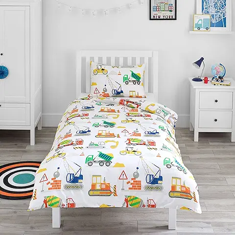 Bloomsbury Mill - Juego de Funda Nórdica Reversible para Niños – Vehículos de Construcción - Camiones, Excavadoras y Grúas- Juego de Edredón Individual y Almohadas - 135 x 200 cm  