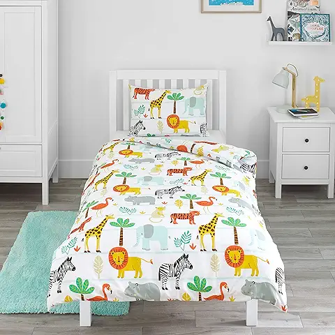Bloomsbury Mill - Juego de Funda Nórdica Reversible para Niños y Niñas –Animales de la Jungla/Selva - Juego de Edredón Individual y Almohadas para Cama Individual Infantil - 135 x 200 cm  