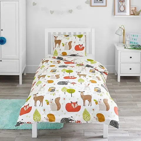 Bloomsbury Mill - Juego de Funda Nórdica Reversible para Niños y Niñas –Animales del Bosque - Juego de Edredón Individual y Almohadas para Cama Individual Infantil - 135 x 200 cm  