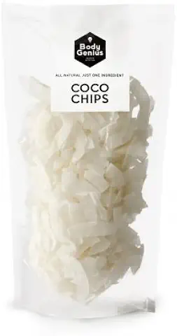 BODY GENIUS Coco Chips. 100g. Láminas de Coco Finas y Crujientes. 100% Natural. Sin Azúcar. Ideal Como Snack y para Recetas. Ideal Para Deportistas.  