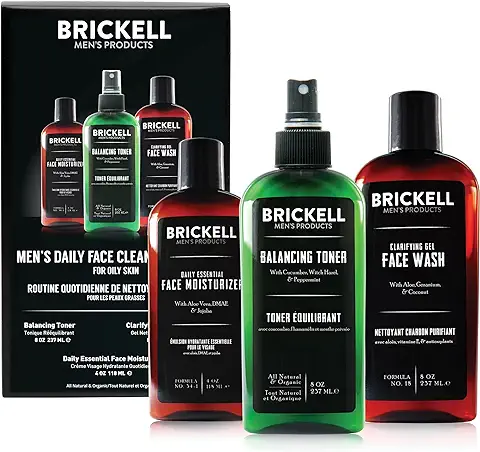 Brickell Rutina de Limpieza Diaria para Hombres para Pieles Grasas, Tónico sin Alcohol, gel Limpiador Facial y Humectante, Natural y Orgánico, Perfumado  