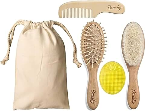 Brushy - Cepillo de pelo de Bebé - Peine, Cerdas de Cabra y Silicona para el Tratamiento de la Costra Láctea - Ideal para Recién Nacidos - Cepillo y Peine de Madera para Recién Nacidos  
