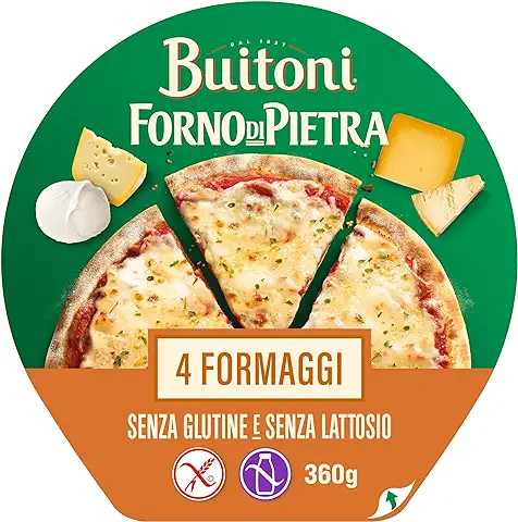 BUITONI Forno Di Pietra Pizza Sin Gluten y Sin Lactosa 4 Formaggi - Masa Fina y Crujiente de 4 Quesos sin Lactosa (mozarella, Grana Padano, Gouda y Edam) - 360g (Congelado)  