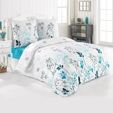 BUYMAX Juego de ropa de cama de 155 x 220 cm, 4 Piezas, con Fundas de Edredón y Fundas de Almohada de 80 x 80 cm, Juego de cama Botánica, Hojas y Ramas, Turquesa y Blanco Petróleo  