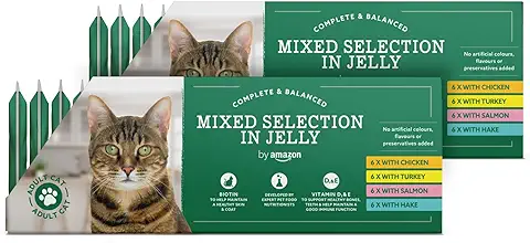 By Amazon Alimento Completo para Gatos Adultos - Selección Mixta en Gelatina, 4,8 kg (48 Paquetes de 100g)  