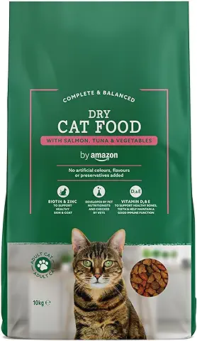 By Amazon - Alimento seco Completo para Gatos Adultos con Salmón, Atún y Verduras, 1 pack de 10 kg  