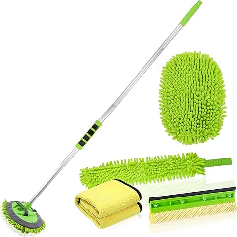 Cepillo de Lavado de Coches con Mango Largo Microfibra Chenille Fregona de Lavado de Coches, Kit de Limpieza de Parabrisas con Escobilla de Goma, Toallas de Microfibra para Coches, Camiones y Barcos  
