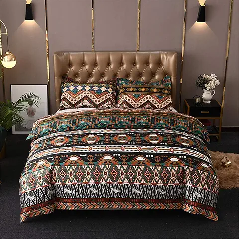 Chanyuan Juego de ropa cama Bohemia, 135 x 200 cm, 2 Piezas, Diseño Indio Mandala, Suave Microfibra, Bohemio, Exótico, Marrón y Verde, Geométrico, Rayas, Vintage, Funda Nórdica con Cremallera  