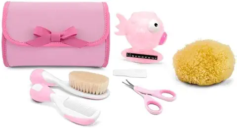 Chicco My First Beauty Set 5en1, Set de Higiene Chicco para Recién Nacidos, Productos para Higiene Niños, Peine, Cepillo,Tijeras para Uñas, Termómetro y Esponja de Baño, Accesorios Bebés 0 Meses, Rosa  