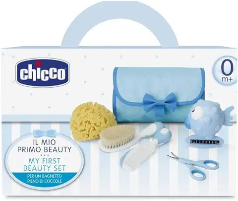 Chicco My First Beauty Set 5en1, Set de Higiene Chicco para Recién Nacidos, Productos para Higiene Niños, Peine, Cepillo,Tijeras para Uñas, Termómetro y Esponja de Baño, Accesorios Bebés 0 Meses, Azul  