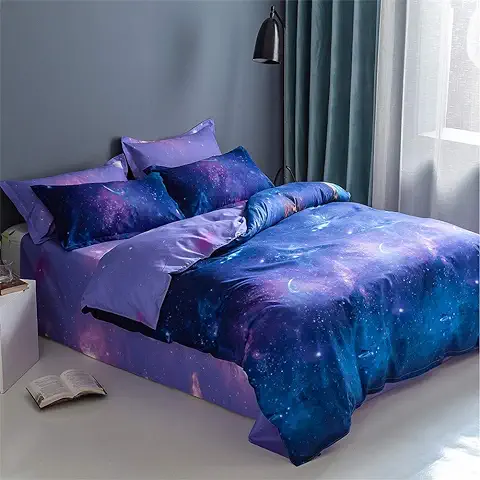 Chickwin Juego de Ropa de Cama Galaxia, Cielo Estrellado Estampado 3 Piezas Juego de Ropa de Cama con Funda de Nórdica y Funda de Almohada para Adultos Niña Niños (Azul Morado,150x200cm)  