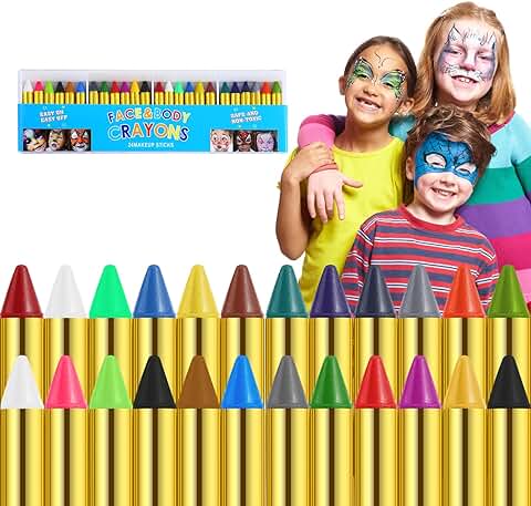 Clundoo Pintura Facial, 24 Colores Pinturas para La Cara, Crayones de Maquillaje para Niños, Halloween, Fiesta de Cumpleaños, Cosplay, Carnaval  