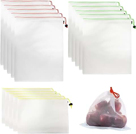 COACOM 15 Bolsas de Almacenamiento Blancas, Reutilizables, 3 Tamaños Diferentes, Bolsas de Malla Lavables, Utilizadas para Frutas y Verduras, Artículos del Hogar, Viajes, Etc., Multicolor, No  