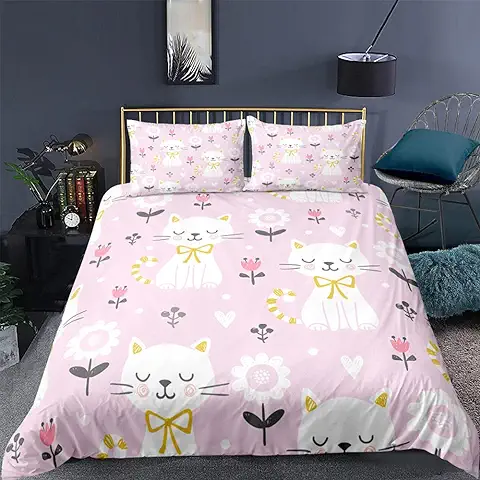 Colchas de Cama 150 Gato Lila Juego de Ropa de Cama 3 Piezas,1 Microfibra Funda Nordico y 2 Fundas de Almohada, Funda Nórdica Moderno ,Microfibra Edredón Ropa de Cama （150x200cm）  