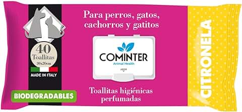 COMINTER Toallitas Higiénicas para Perros y Gatos Biodegradables Aroma Citronela 40 Unidades; Toallitas Húmedas Desodorantes para la Higiene de Mascotas, Tejido Resistente  